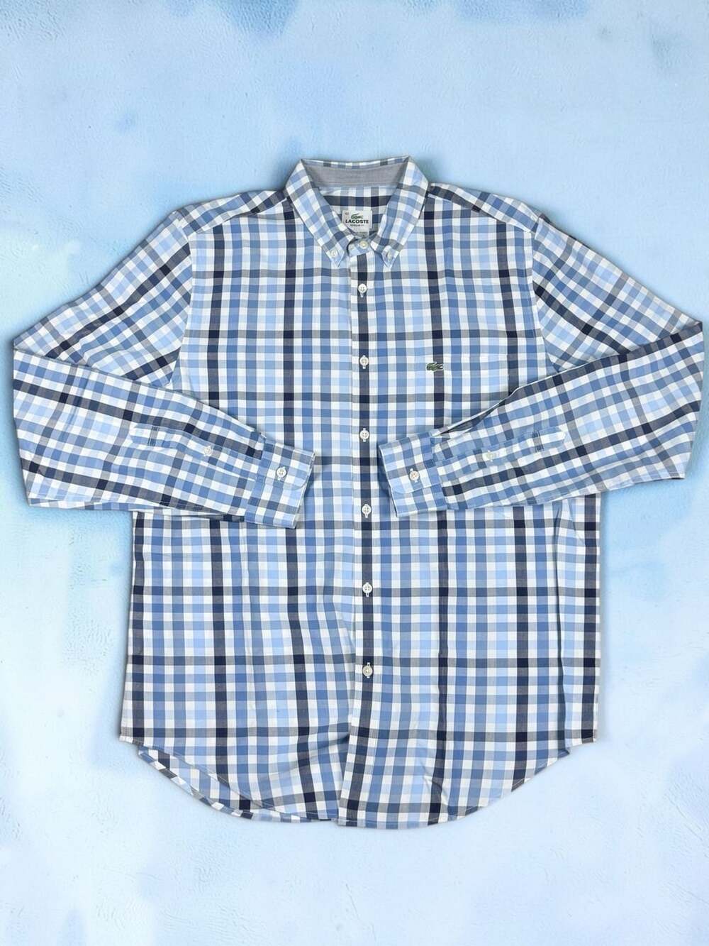 Men’s Lacoste Regular Fit Plaid Button Down Shirt Size 42 Blue Long Sleeve
